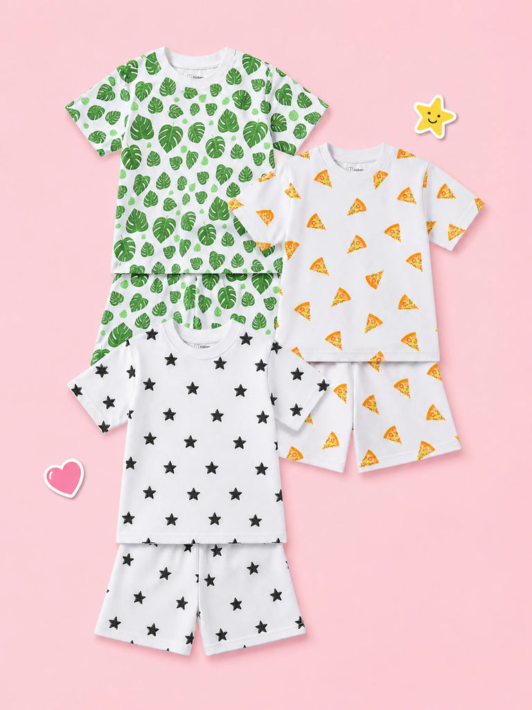 Organic Cotton Unisex Kids Co-ord Set Pack of 3 – Soft Breathable Leaf, Pizza & Star Print T-Shirt & Shorts Set
