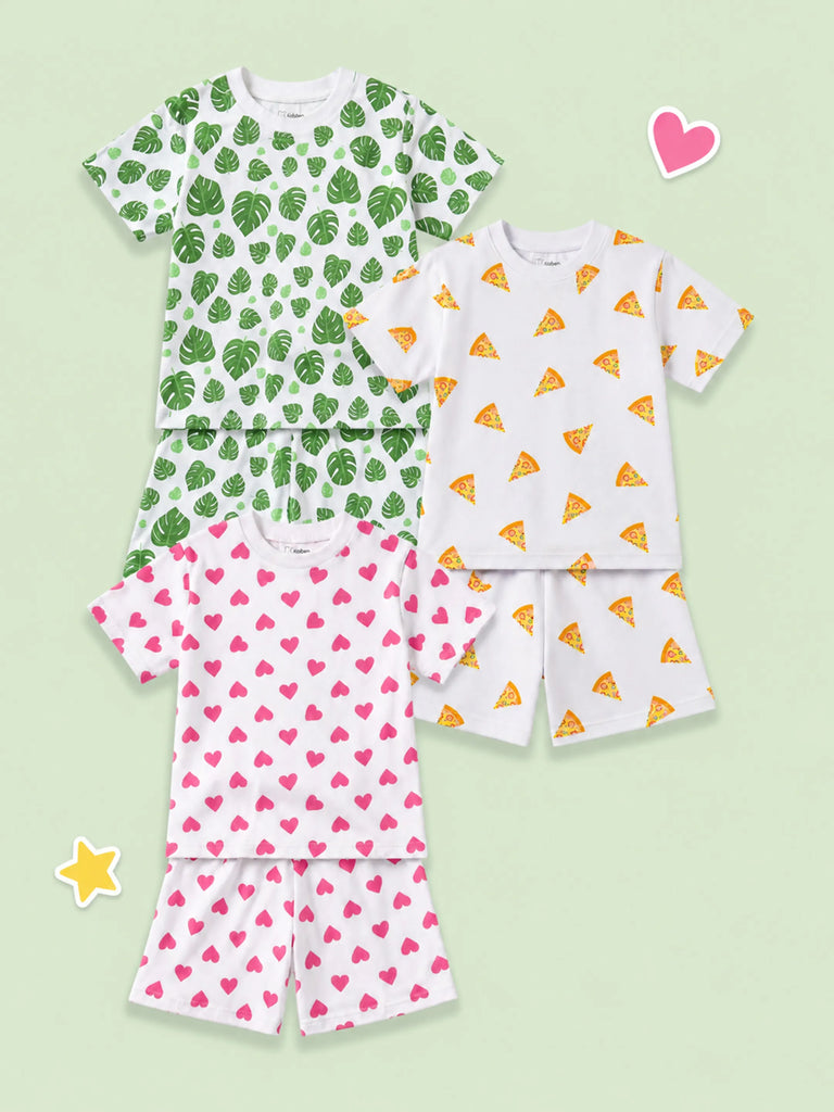 Organic Cotton Unisex Kids Co-ord Set Pack of 3 – Soft Breathable Leaf, Pizza & Heart Print T-Shirt & Shorts Set