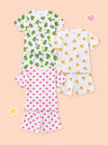 Organic Cotton Unisex Kids Co-ord Set Pack of 3 – Soft Breathable Dinosaur, Pizza & Heart Print T-Shirt & Shorts Set