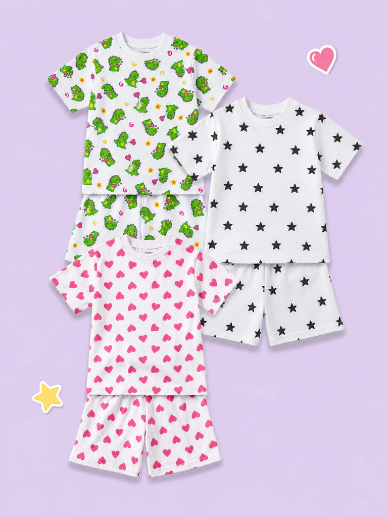 Organic Cotton Unisex Kids Co-ord Set Pack of 3 – Soft Breathable Dinosaur, Star & Heart Print T-Shirt & Shorts Set