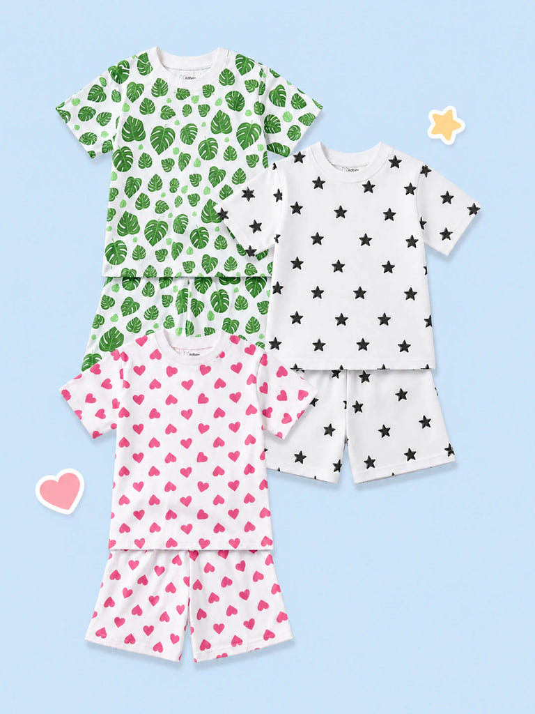 Organic Cotton Unisex Kids Co-ord Set Pack of 3 – Soft Breathable Leaf, Star & Heart Print T-Shirt & Shorts Set