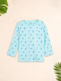 Organic Cotton Unisex Baby Co-ord Set – Soft Breathable Sky Blue Beach Print Full Sleeve T-shirt & Pyjama for Infants