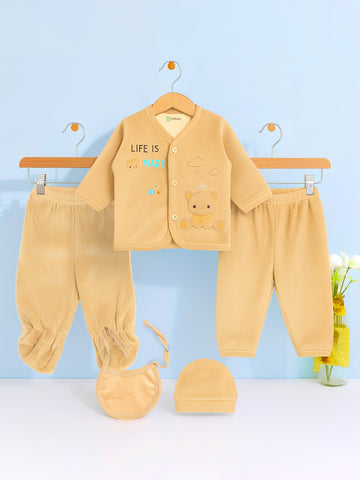 Unisex Baby Winter Wear – 5 Piece Cozy Cotton Set with Cardigan, Pants, Footed Bottom, Cap & Bib