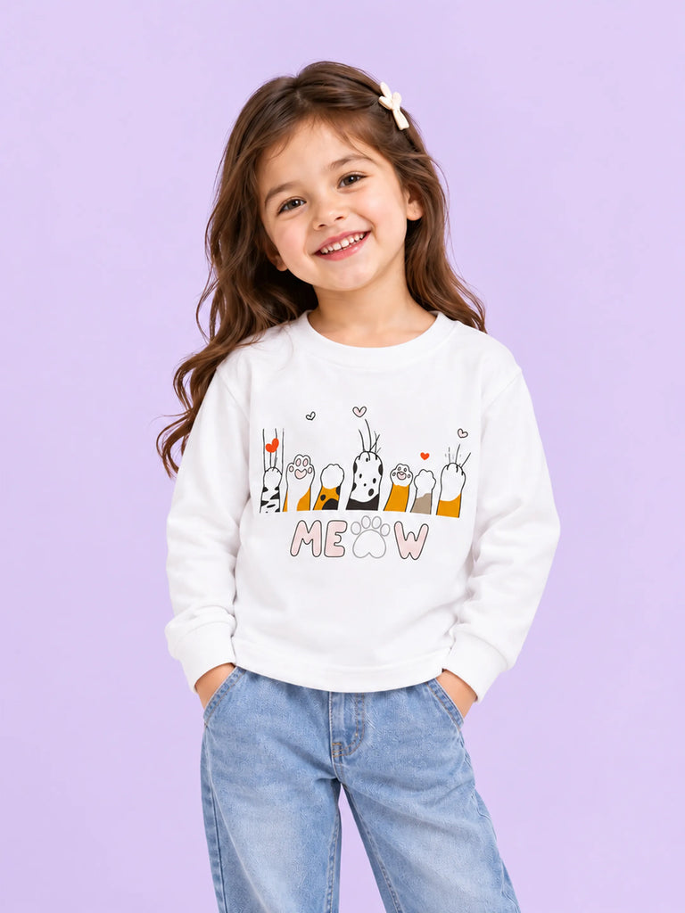Unisex White Sweatshirt – Meow Cat Print Full-Sleeve Sweatshirt
