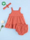 Girls Organic Cotton Coral Floral Print Dress & Bloomers Set with Headband