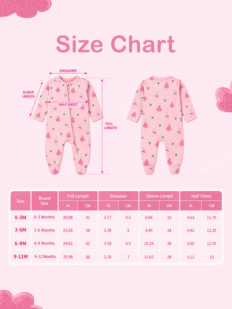 Cotton Baby Girls Footed Romper – Pink Christmas Print Full-Sleeve Romper