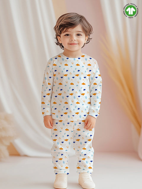 100% Bamboo Cotton Unisex Cloud & Nature Printed Co-Ord Set - White