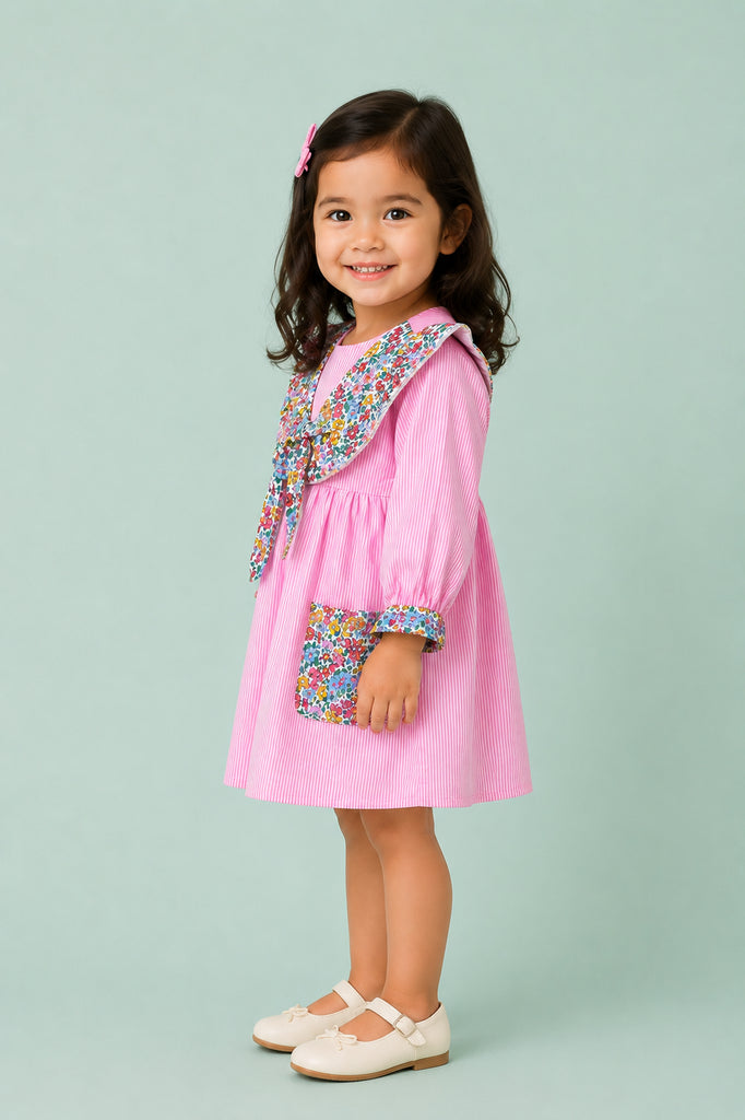 Light Organic Cotton Pink Floral Collar Full Sleeve Frock Dress