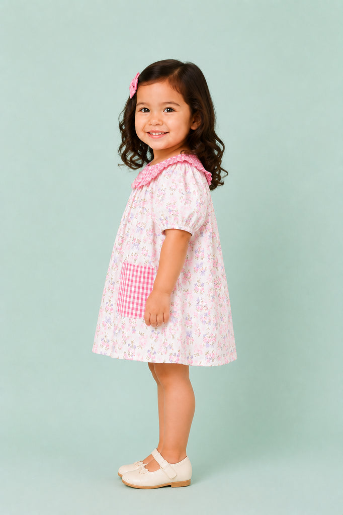 Light Organic Cotton Floral Print Pink Collar Frock Dress