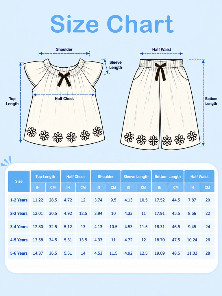 Girls Cotton Co-Ord Set – Cream Top & Wide-Leg Pants with Floral Embroidery