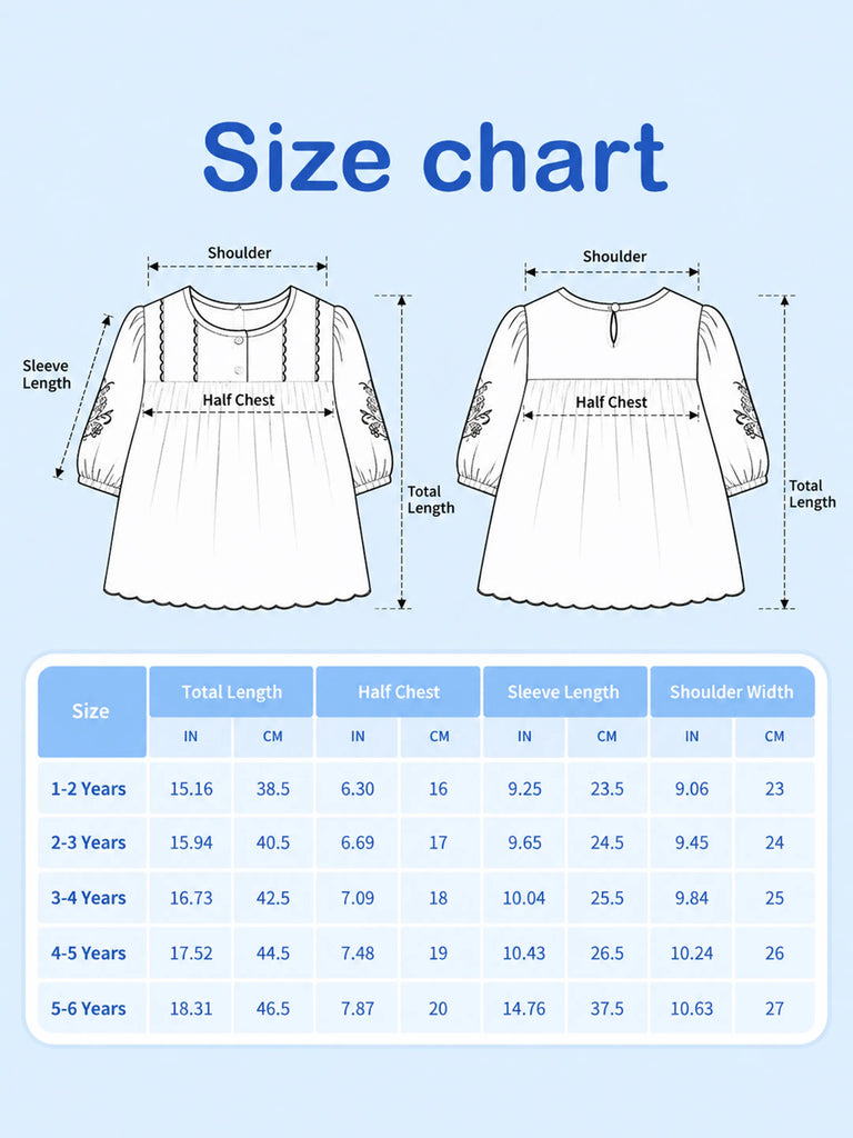 Girls Cotton Dress – White 3/4 Sleeve Dress with Red Embroidery & Scalloped Details
