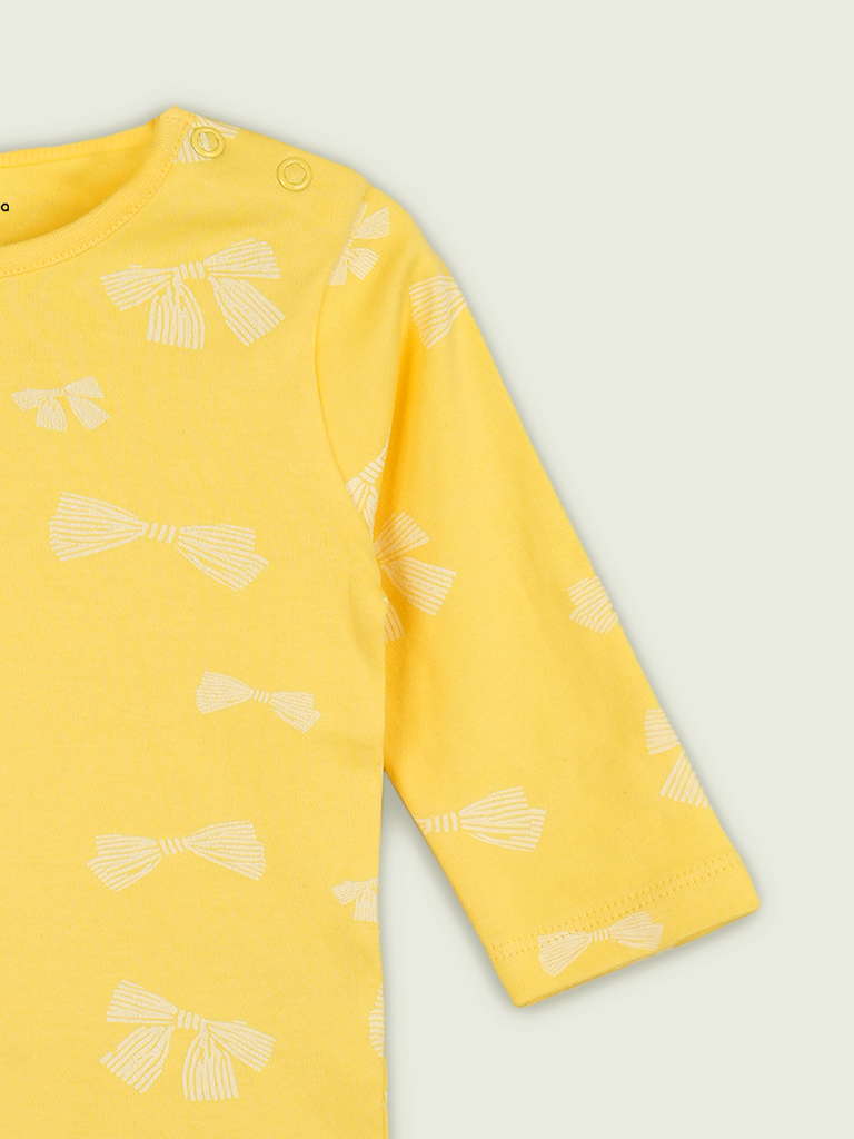 Organic Cotton Unisex Baby Co-ord Set – Soft Breathable Yellow Bow Print Full Sleeve T-shirt & Pyjama for Infants