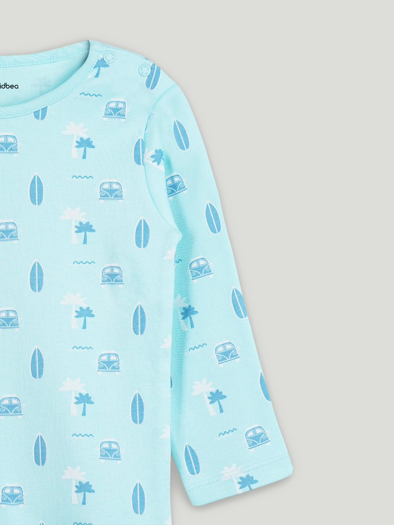 Organic Cotton Unisex Baby Co-ord Set – Soft Breathable Sky Blue Beach Print Full Sleeve T-shirt & Pyjama for Infants