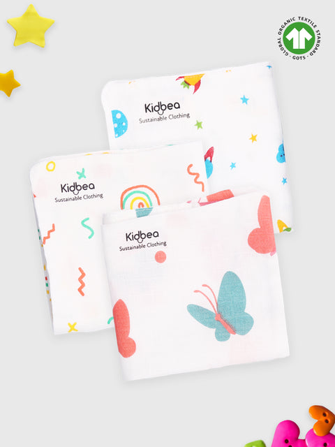 Muslin Premium ultra Soft Napkin doubled layer Multicolor - Pack of 3 | Rainbow , Space & Butterfly