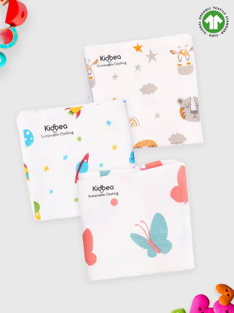Muslin Premium ultra Soft Napkin doubled layer Multicolor - Pack of 3 | Tiger, Space & Butterfly