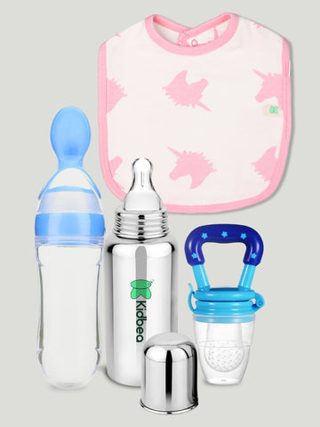 Kidbea Stainless Steel Infant Baby Feeding Bottle, Unicorn Printed Bibs, Blue Silicone Food and Fruit Feeder BPA Free, Anti-Colic, Plastic-Free, 304 Grade Medium-Flow Combo of 4 (Copy)