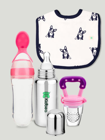 Kidbea Stainless Steel Infant Baby Feeding Bottle, Dog Printed, Pink Silicone Food and Fruit Feeder BPA Free, Anti-Colic, Plastic-Free, 304 Grade Medium-Flow Combo of 4