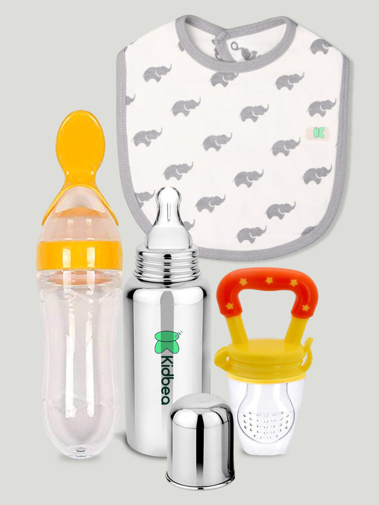 Kidbea Stainless Steel Infant Baby Feeding Bottle, Elephant Printed Bibs, Yellow Silicone Food and Fruit Feeder BPA Free, Anti-Colic, Plastic-Free, 304 Grade Medium-Flow Combo of 4