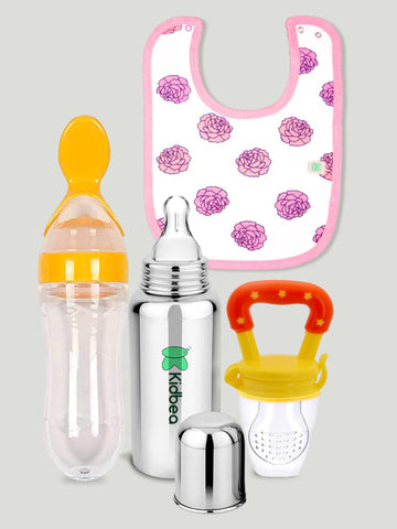 Kidbea Stainless Steel Infant Baby Feeding Bottle, Flower Printed Bibs, Yellow Silicone Food and Fruit Feeder BPA Free, Anti-Colic, Plastic-Free, 304 Grade Medium-Flow Combo of 4