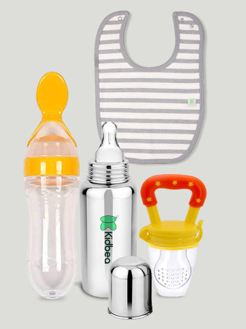 Kidbea Stainless Steel Infant Baby Feeding Bottle, Grey Strip Bibs, Yellow Silicone Food and Fruit Feeder BPA Free, Anti-Colic, Plastic-Free, 304 Grade Medium-Flow Combo of 4