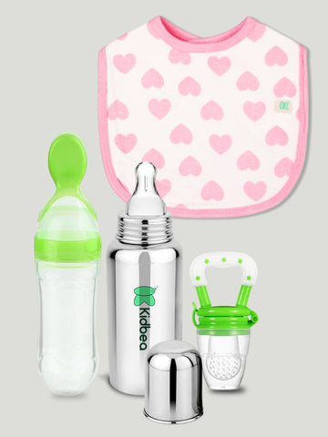 Kidbea Stainless Steel Infant Baby Feeding Bottle, Herat Printed Bibs, Green Silicone Food and Fruit Feeder BPA Free, Anti-Colic, Plastic-Free, 304 Grade Medium-Flow Combo of 4