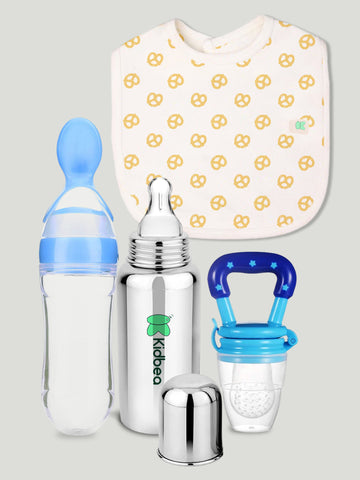 Kidbea Stainless Steel Infant Baby Feeding Bottle, Pretzel Printed Bibs, Blue Silicone Food and Fruit Feeder BPA Free, Anti-Colic, Plastic-Free, 304 Grade Medium-Flow Combo of 4