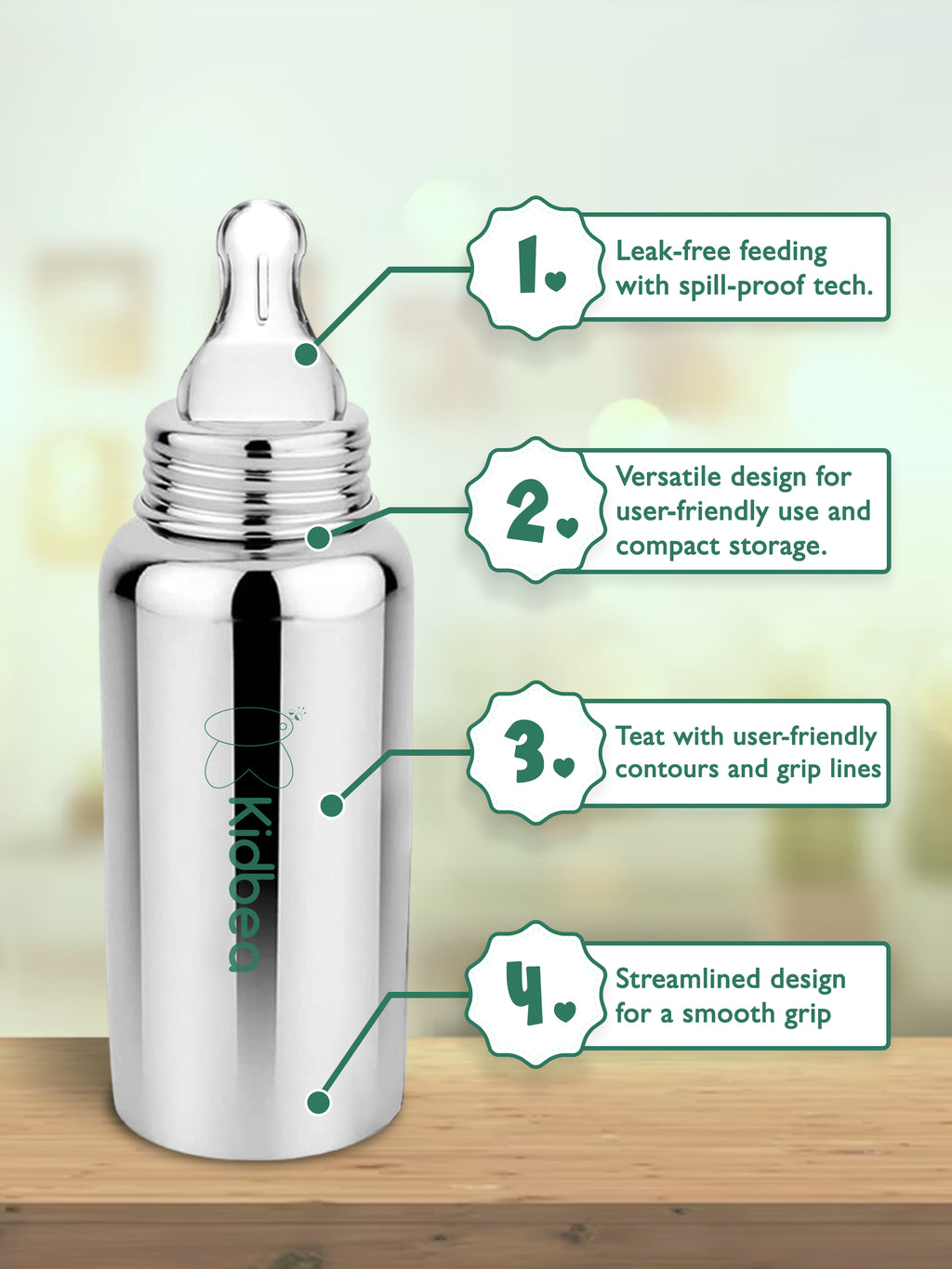 Stainless Steel Infant Baby Feeding Bottle With 3 Extra Nipple (250 ML)