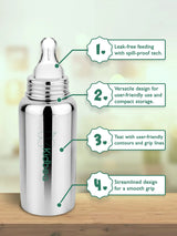 Stainless Steel Infant Baby Feeding Bottle With 3 Extra Nipple (250 ML)