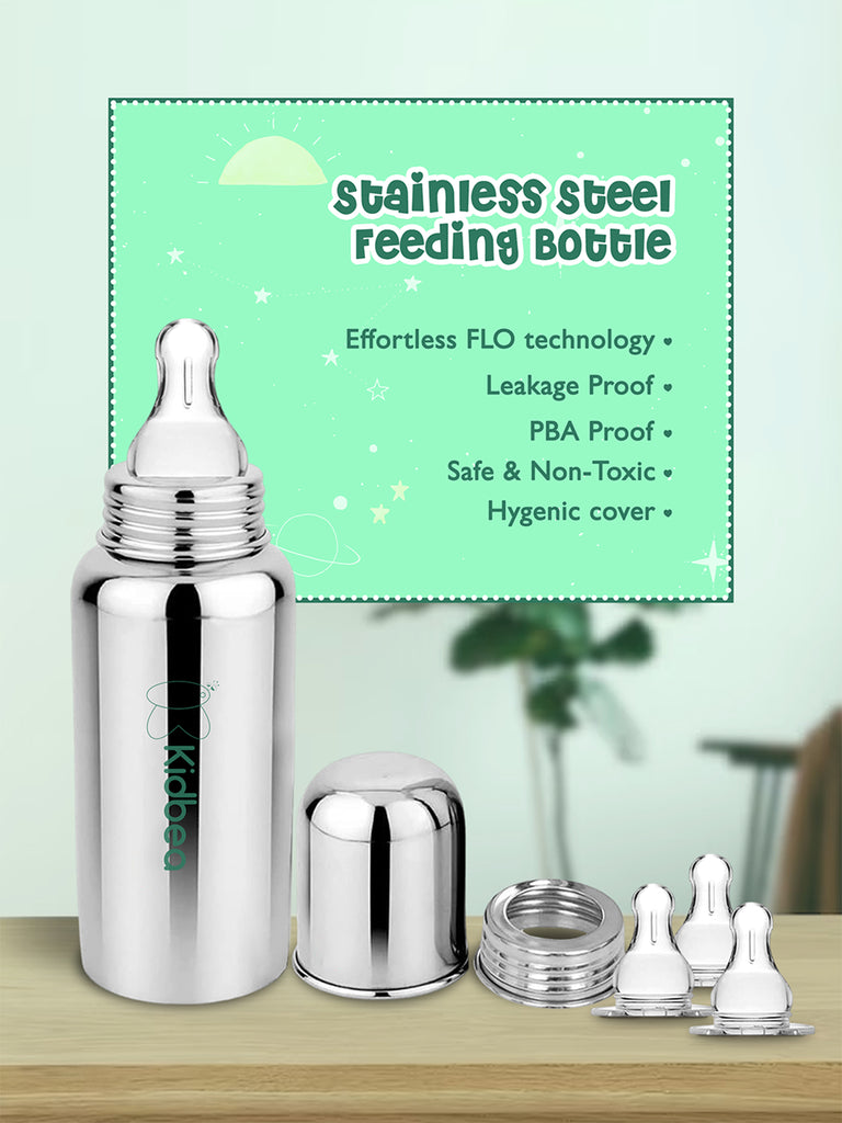 Kidbea Stainless Steel Infant Baby Feeding Bottle & Nipple (250 ML)