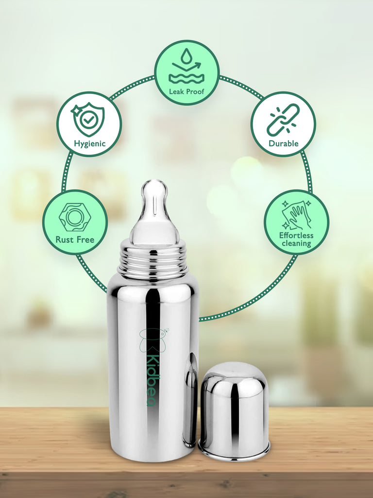 Stainless Steel Infant Baby Feeding Bottle & Nipple (250 ML)