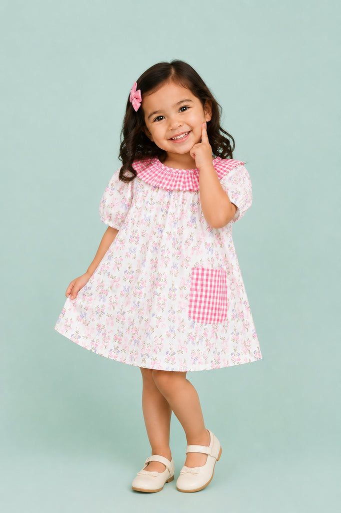 Light Organic Cotton Floral Print Pink Collar Frock Dress