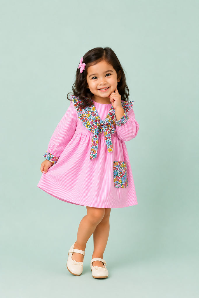 Light Organic Cotton Pink Floral Collar Full Sleeve Frock Dress