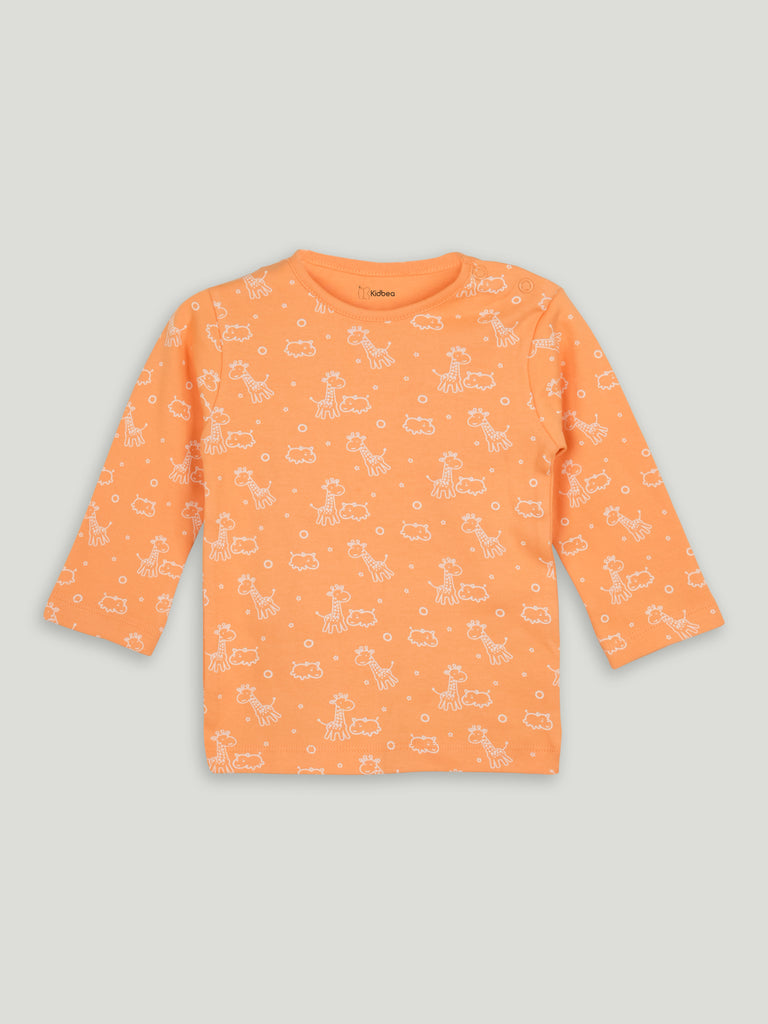 Organic Cotton Unisex Baby Co-ord Set – Soft Breathable Orange Giraffe Print Full Sleeve T-shirt & Pyjama for Infants