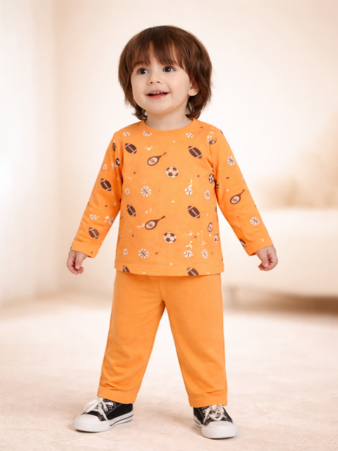 Organic Cotton Unisex Baby Co-ord Set – Soft Breathable Orange Sports Print Full Sleeve Top & Pants for Infants