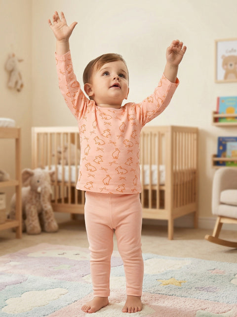 Organic Cotton Unisex Baby Co-ord Set – Soft Breathable Peach Bunny Print Full Sleeve T-Shirt & Pyjama Set for Infants