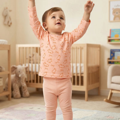 Organic Cotton Unisex Baby Co-ord Set – Soft Breathable Peach Bunny Print Full Sleeve T-Shirt & Pyjama Set for Infants