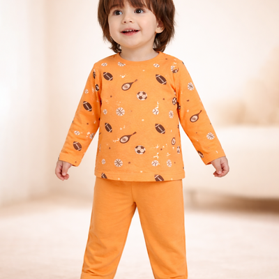 Organic Cotton Unisex Baby Co-ord Set – Soft Breathable Orange Sports Print Full Sleeve T-shirt & Pyjama  for Infants