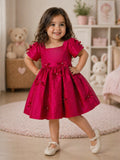 Baby Girl Party Dress – Red Satin Bow Dress with Pearl Detail & Flared Skirt for Kids