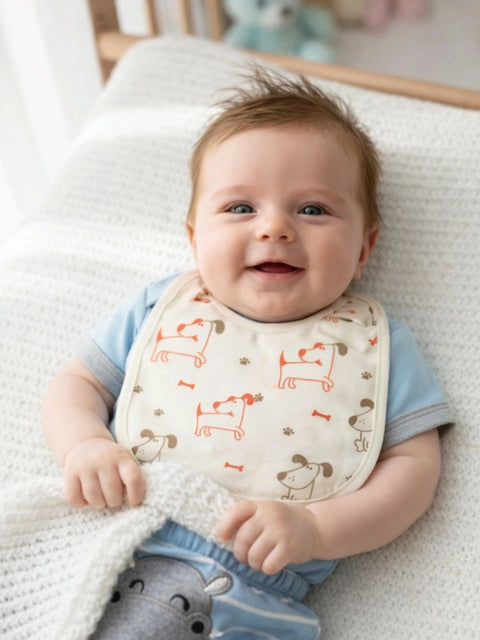 Organic Cotton Baby Bib – Soft Breathable Dog Print, Feeding & Drool Bib