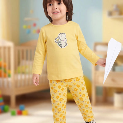 Organic Cotton Unisex Baby Co-ord Set – Soft Breathable Yellow Flower  Print Full Sleeve T-shirt & Pyjama for Infants
