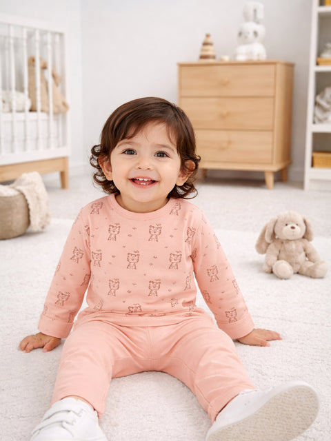 Organic Cotton Unisex Baby Co-ord Set – Soft Breathable Peach Tiger Print Full Sleeve Top & Pants for Infants