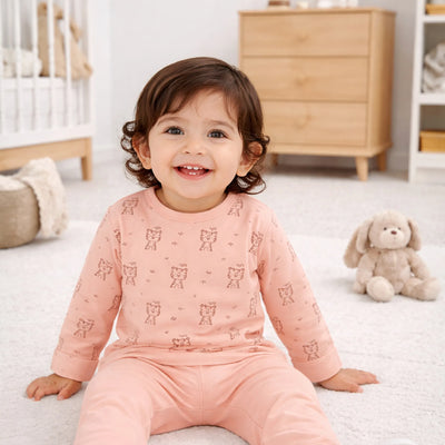 Organic Cotton Unisex Baby Co-ord Set – Soft Breathable Peach Tiger Print Full SleeveT-shirt & Pyjama for Infants