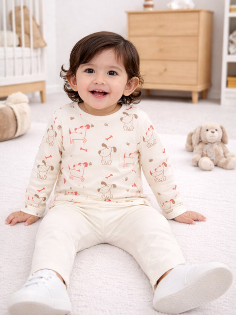 Organic Cotton Unisex Baby Co-ord Set – Soft Breathable Dog Print Full Sleeve Top & Pants for Infants
