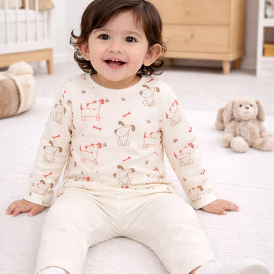 Organic Cotton Unisex Baby Co-ord Set – Soft Breathable Dog Print Full Sleeve T-shirt & Pyjama for Infants