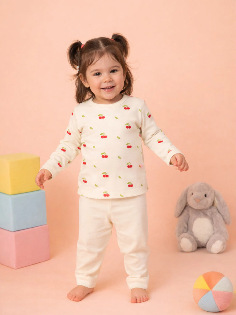 Organic Cotton Unisex Baby Co-ord Set – Soft Breathable Cream Cherry Print Full Sleeve T-shirt & Pyjama for Infants