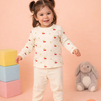 Organic Cotton Unisex Baby Co-ord Set – Soft Breathable Cream Cherry Print Full Sleeve T-shirt & Pyjama for Infants