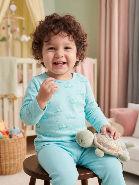 Organic Cotton Unisex Baby Co-ord Set – Soft Breathable Blue Turtle Print Full Sleeve Top & Pants for Infants