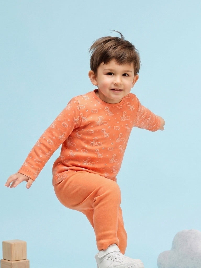 Organic Cotton Unisex Baby Co-ord Set – Soft Breathable Orange Giraffe Print Full Sleeve T-shirt & Pyjama for Infants