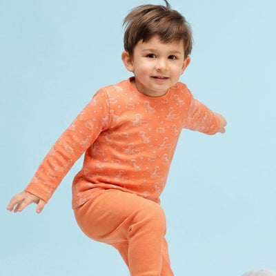 Organic Cotton Unisex Baby Co-ord Set – Soft Breathable Orange Giraffe Print Full Sleeve T-shirt & Pyjama for Infants