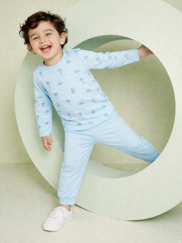 Organic Cotton Unisex Baby Co-ord Set – Soft Breathable Sky Blue Beach Print Full Sleeve T-shirt & Pyjama for Infants